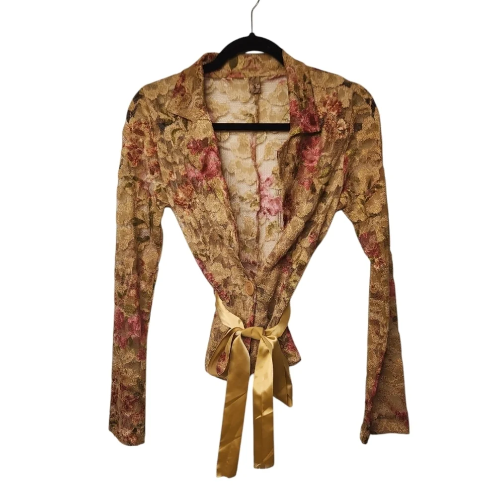 Do & Be Clothing Women's Yellow Gold/Pink Appliqued Floral Lace Jacket Size S - Picture 1 of 13